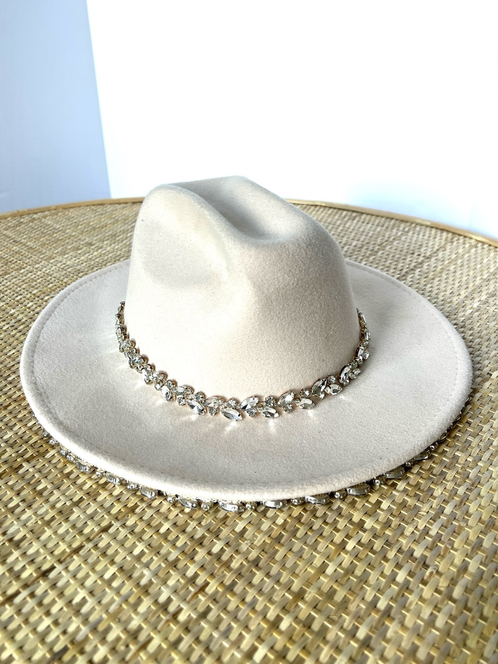 Ivory Beige cotton-blend Dolly Parton Cowboy hat rhinestone brim crown coastal